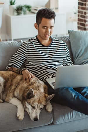 pet owner on computer with dog