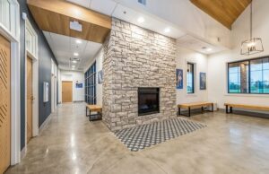 Our lobby fireplace
